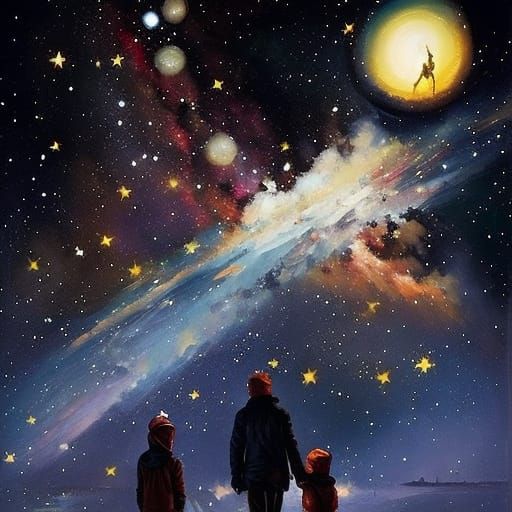 Father and Son Watch Stars: An Oil Painting