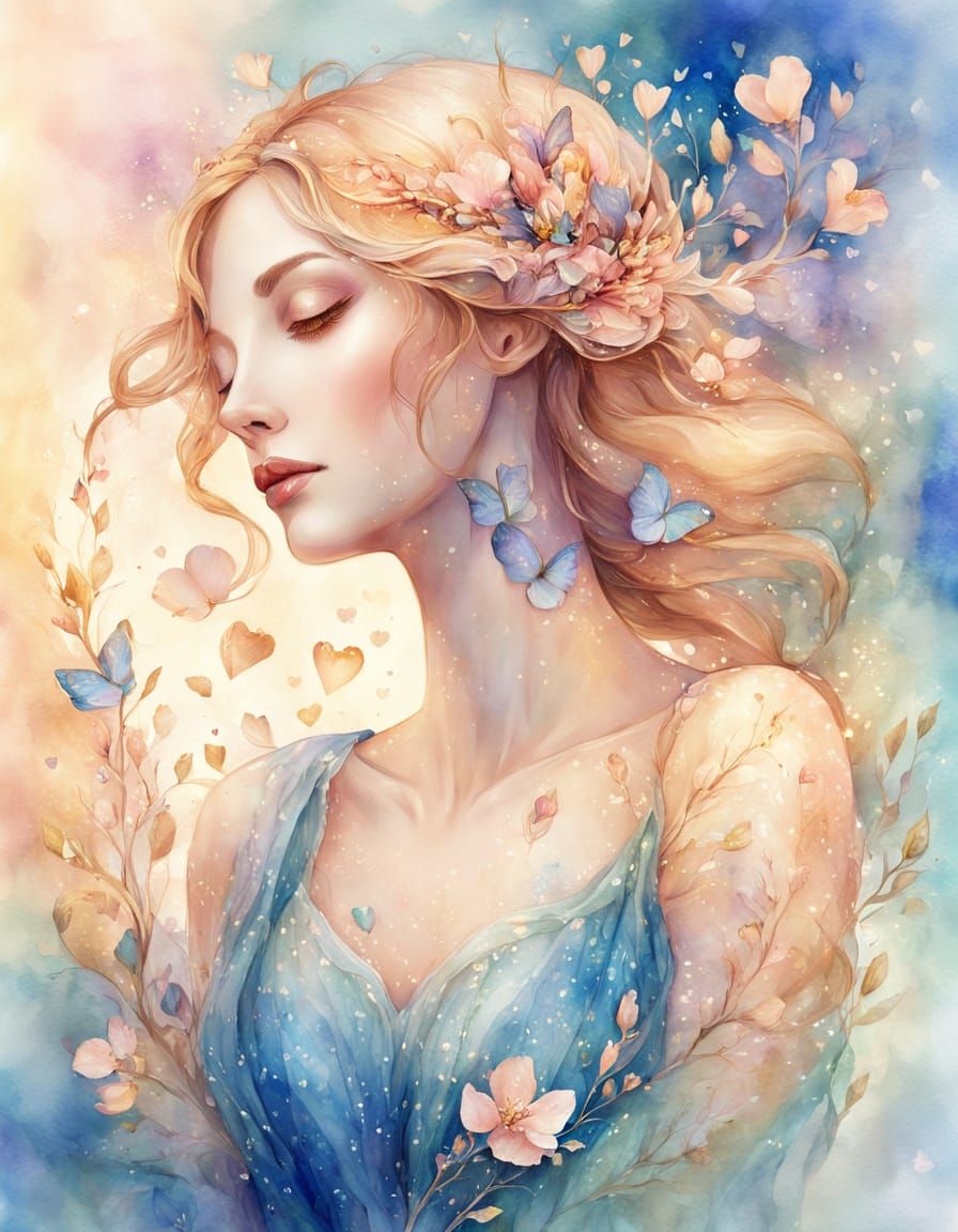 Nymph Holding Heart in Dreamy Watercolor Style