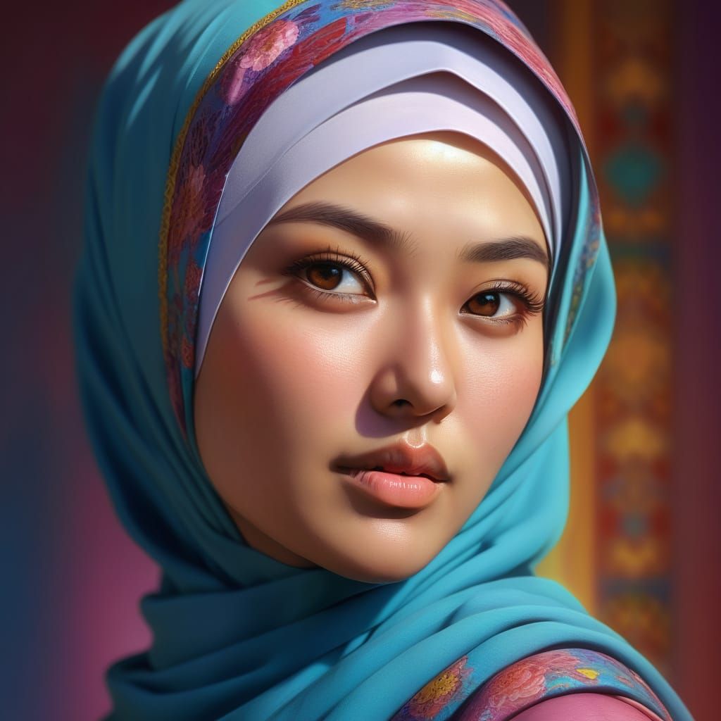 Beautiful Asian Maiden in Hijab: Hyperrealistic Splash Art