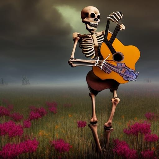 Skeleton Guitarist in Floral Field: Fantasy Concept Art