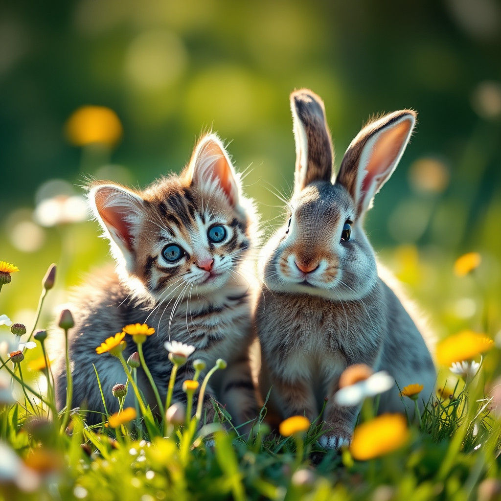 Kitten and Rabbit in Sun-Drenched Meadow