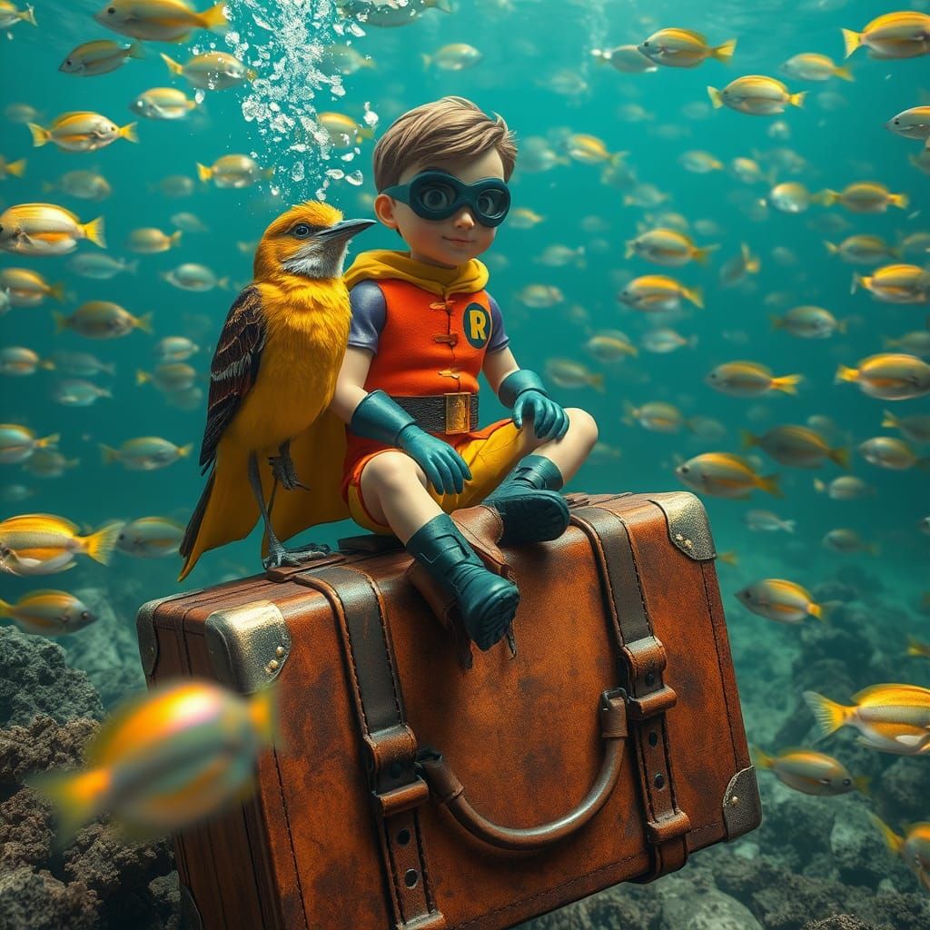 Robin the Superhero in Underwater Steampunk Scene