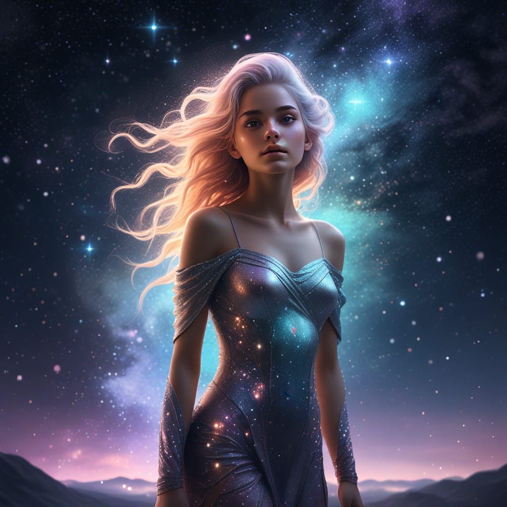 Ethereal Woman in Starry Night: Digital Fantasy Art