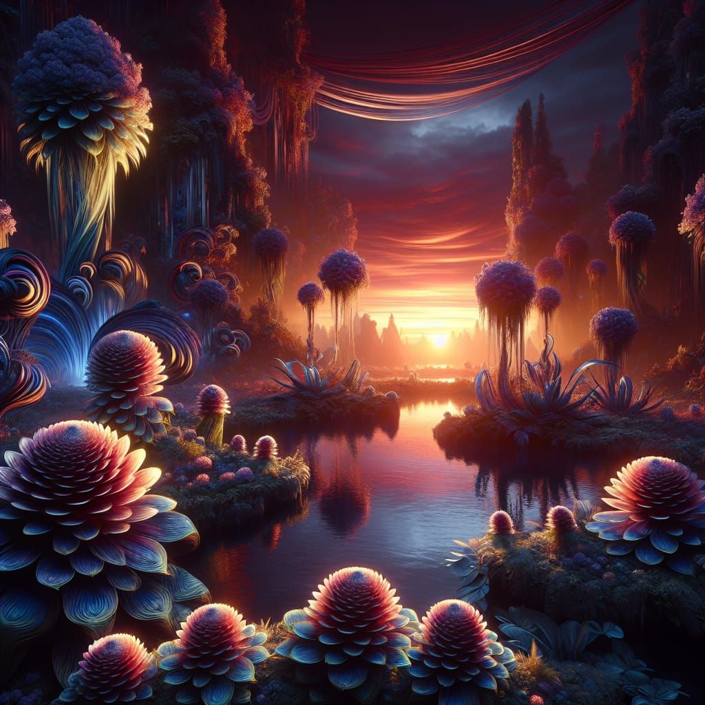 Kokedamas and Distant Shores in Evening Sunset