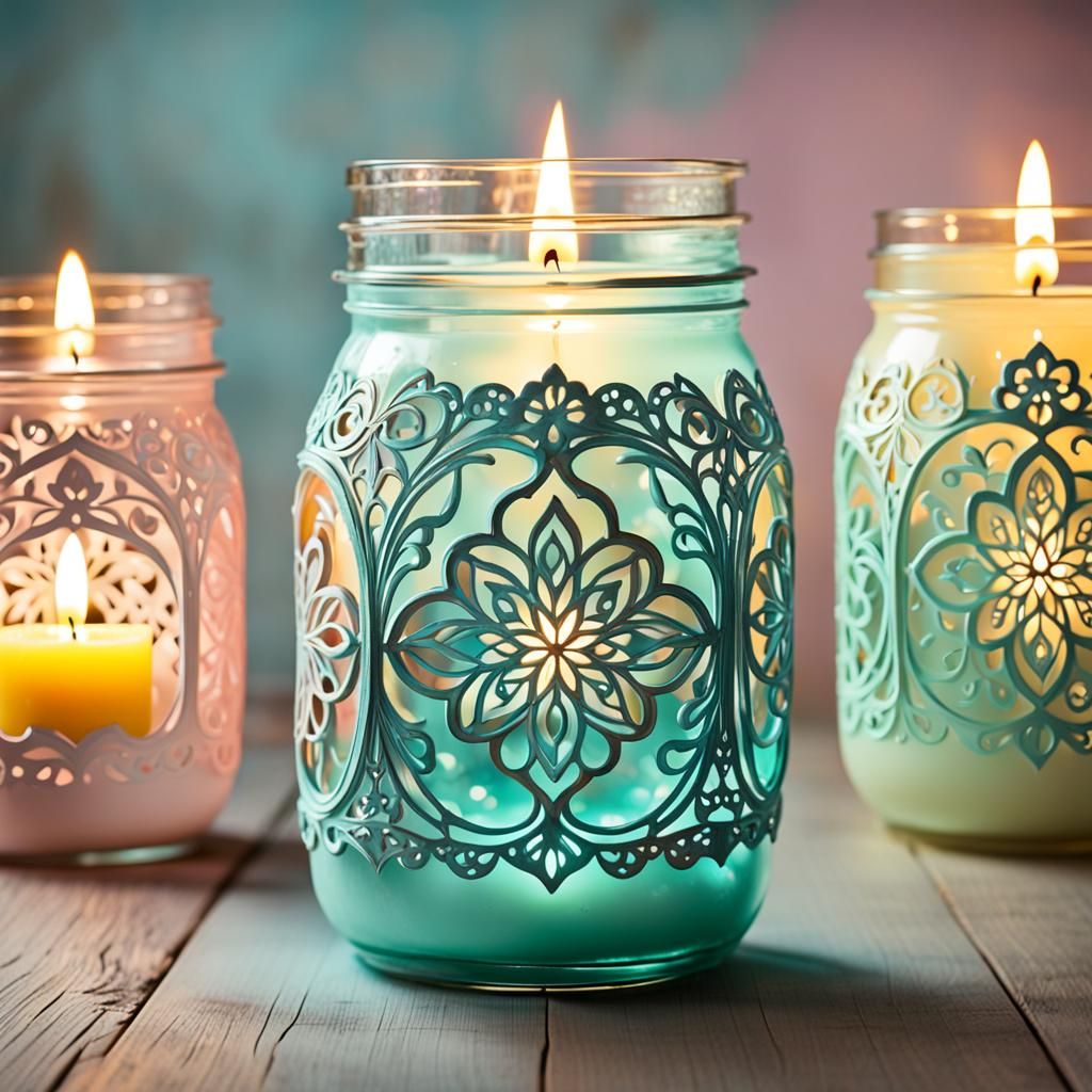 Intricately Decorated Pastel Mason Jar with Candle