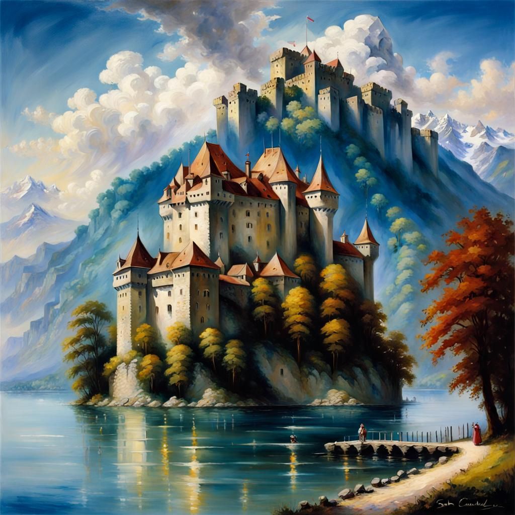 Chateau de Chillon Painting on Lake Geneva