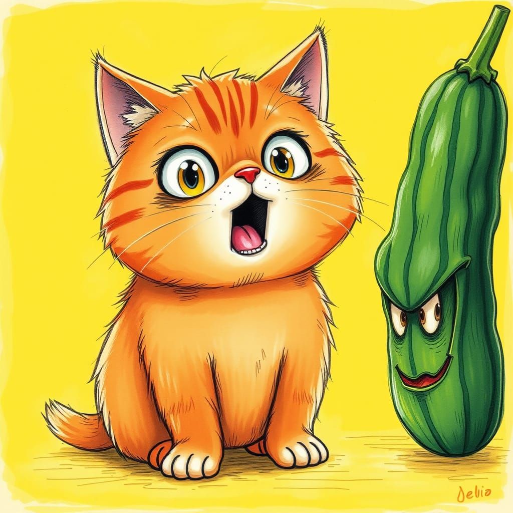 A drawing of a chubby orange tabby cat in chibi style with big, expressive eyes and fur standing on end, staring fearful...