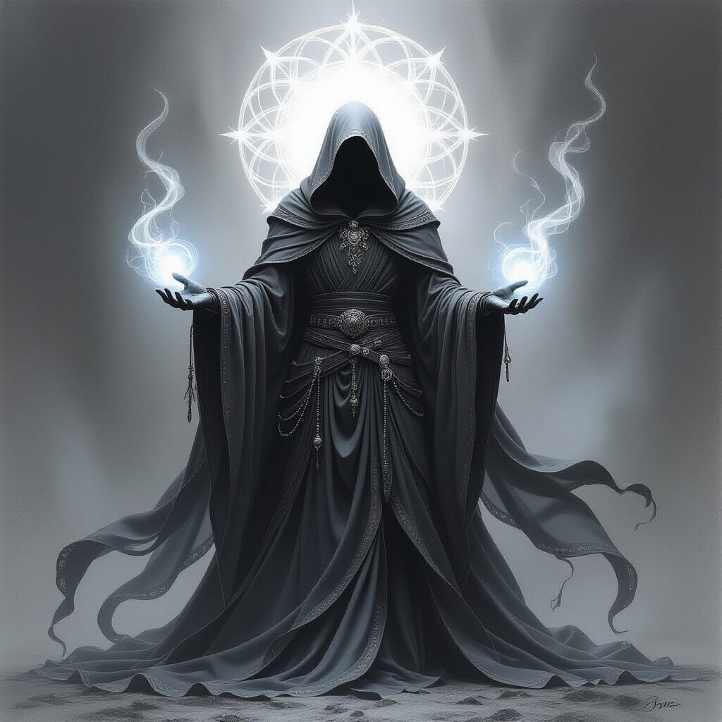 Mystical Being in Flowing Robes: Charcoal Drawing Style