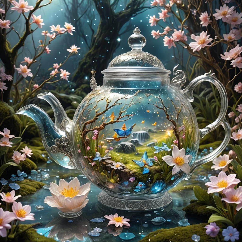 Starlit Spring Landscape Flowing from Teapot