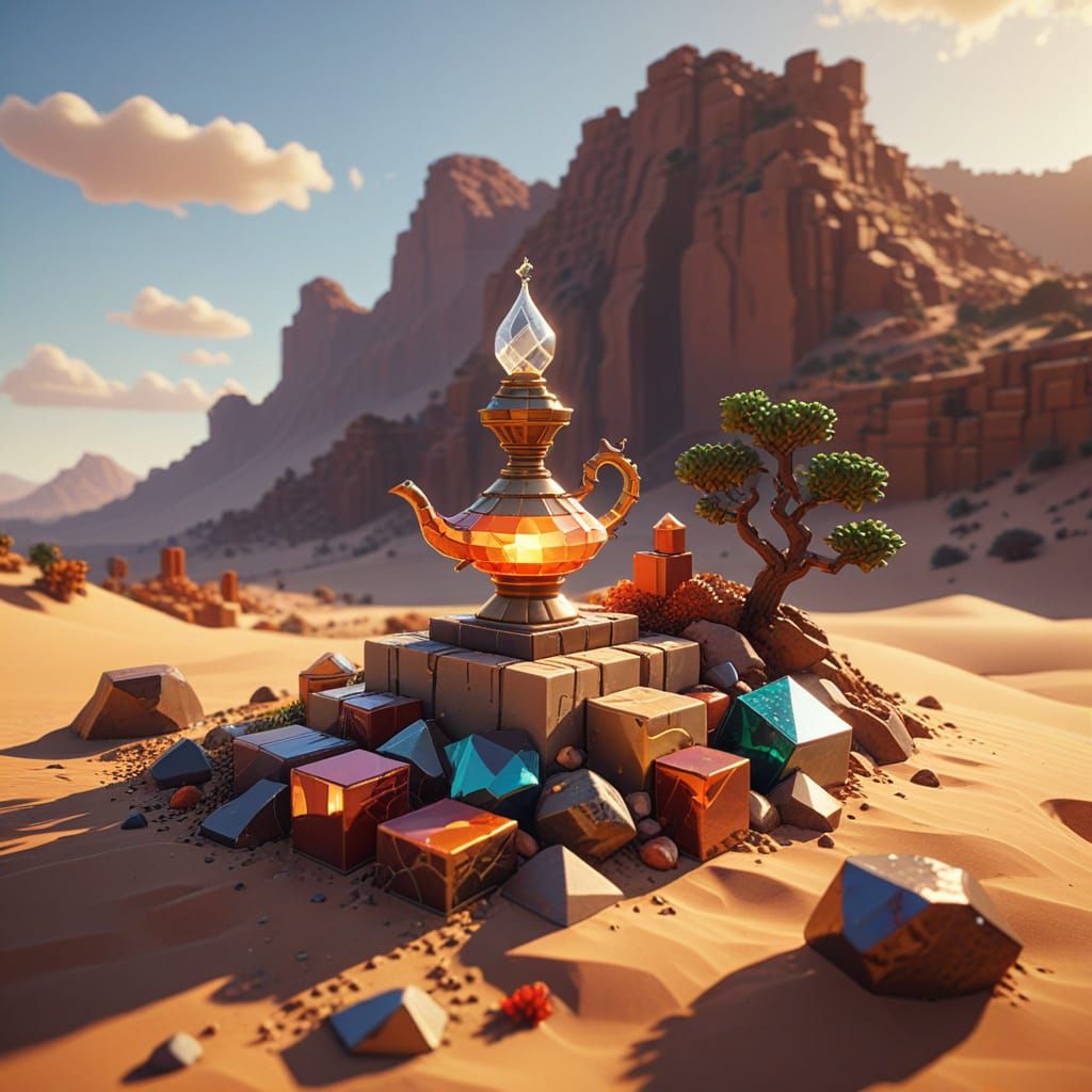Vibrant Pixel Art Genie in a Blocky Desert Landscape