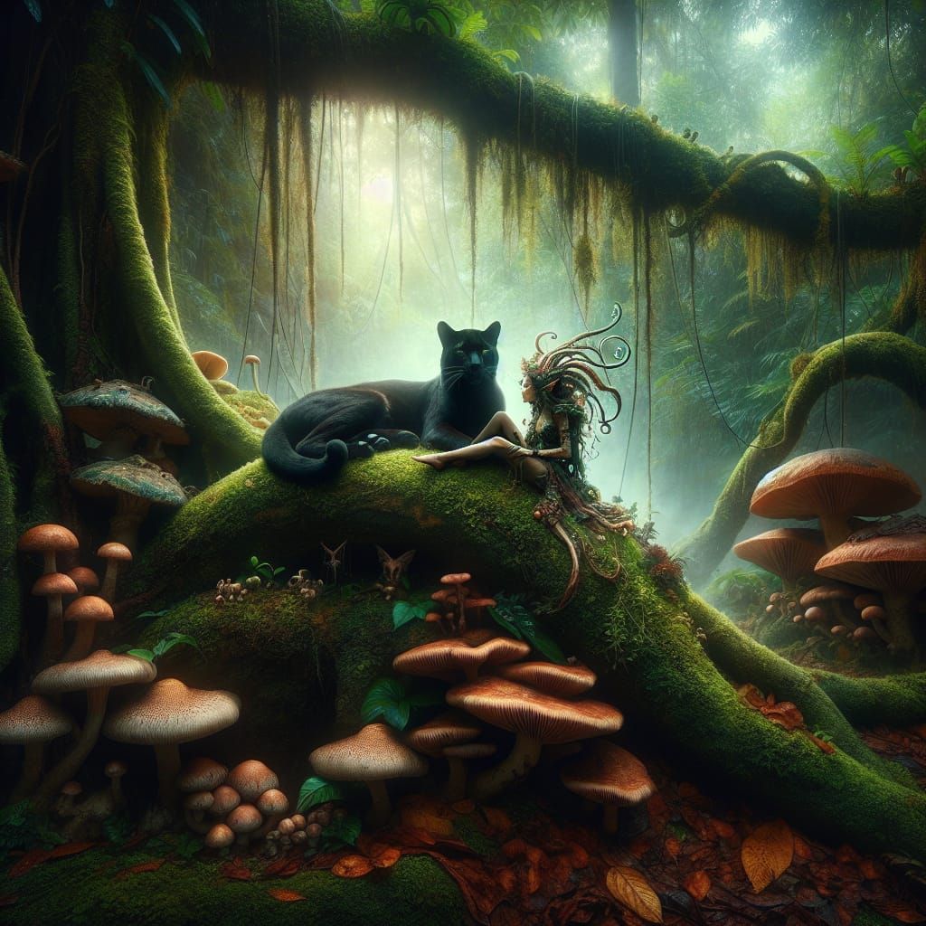 Picture a mystical forest scene with a fairy sitting on top of a large mushroom, with a black panther crouching on top o...
