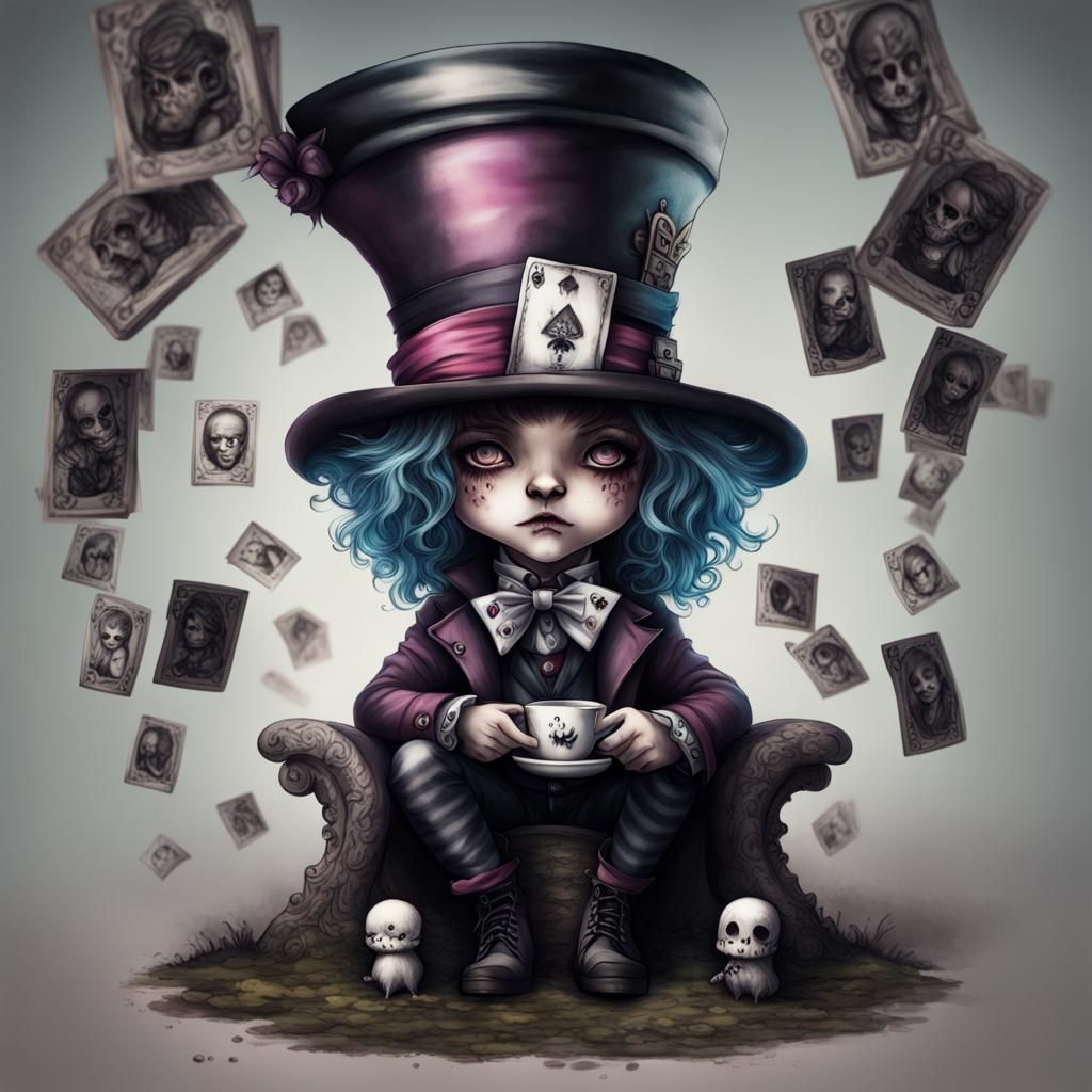 Hyperrealistic Chibi Goth Mad Hatter in Wonderland