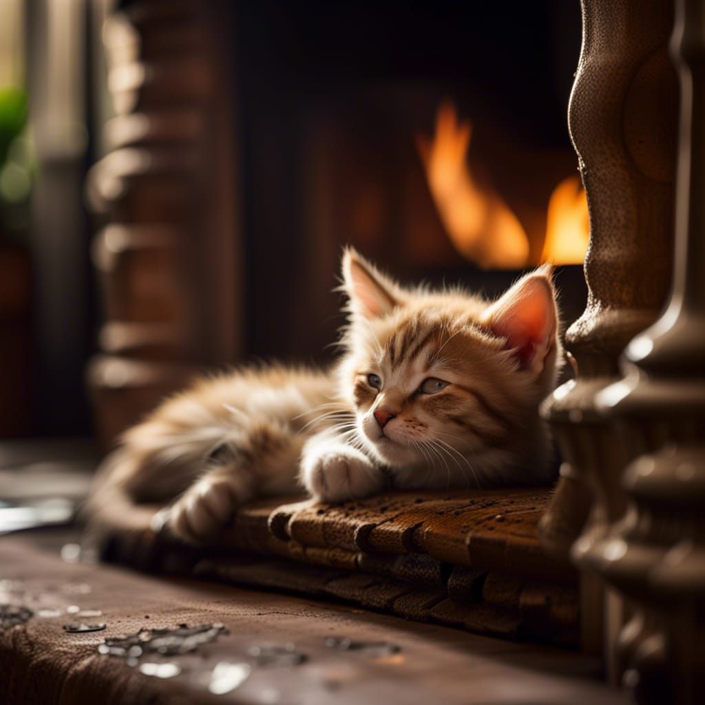 Kitten Sleeping by Fireplace: High-Resolution Photography