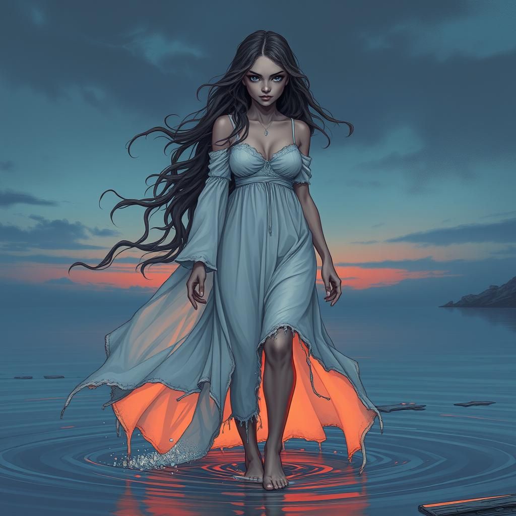 Ethereal Ghostly Woman Floating at Dusk in Comic Art Style