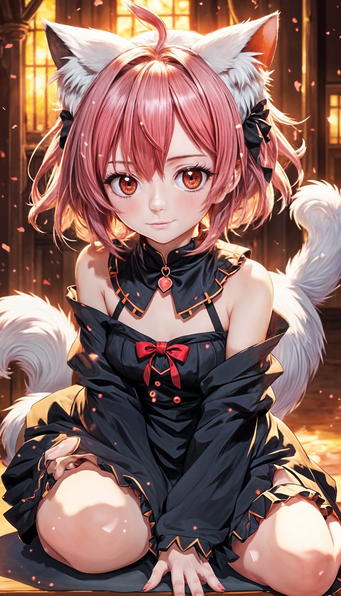 Anime Girl with Red Eyes and Pink Hair Seated in Elegant Pos...