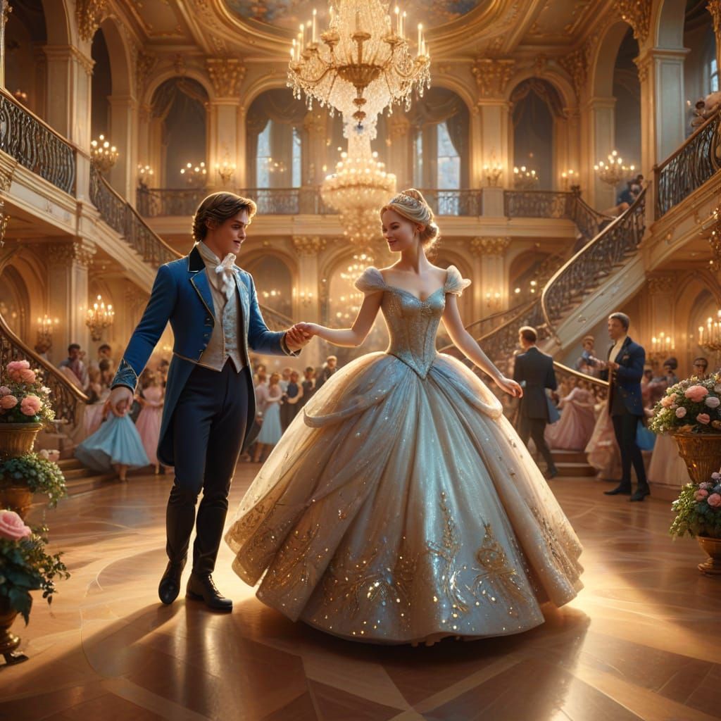 Cinderella Dances in Ballroom with Golden Lighting