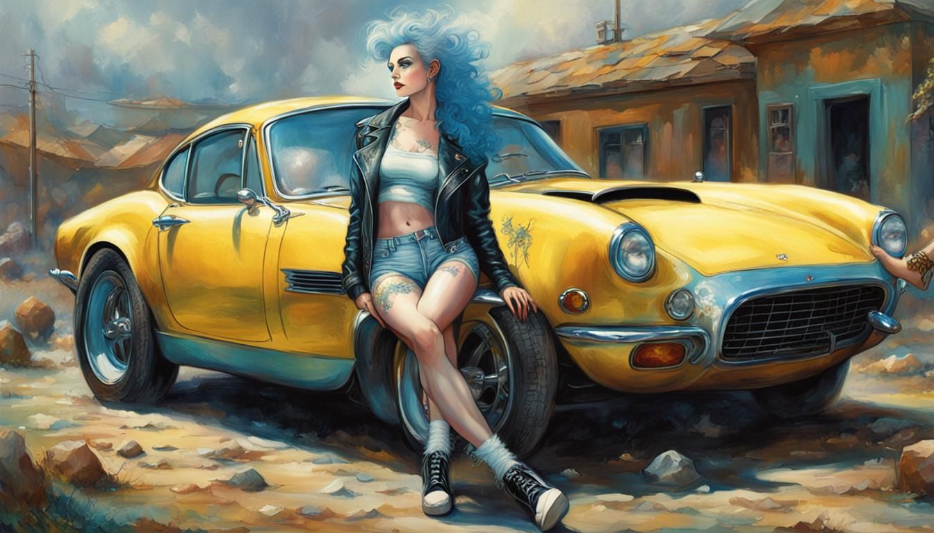 Blue-Haired Woman with Tattoos Leaning on Car