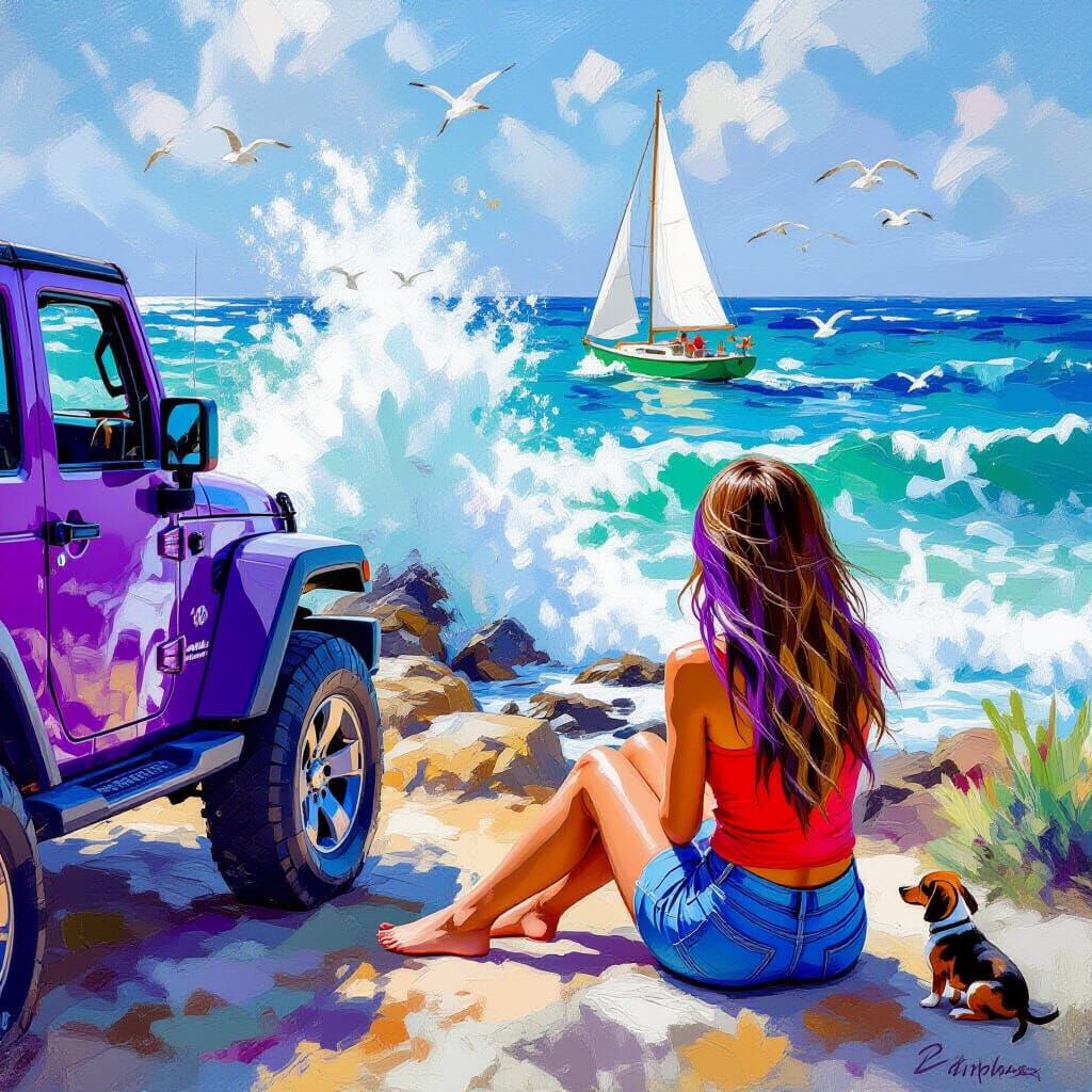 A woman in her late 30's with long brown hair and purple hig...