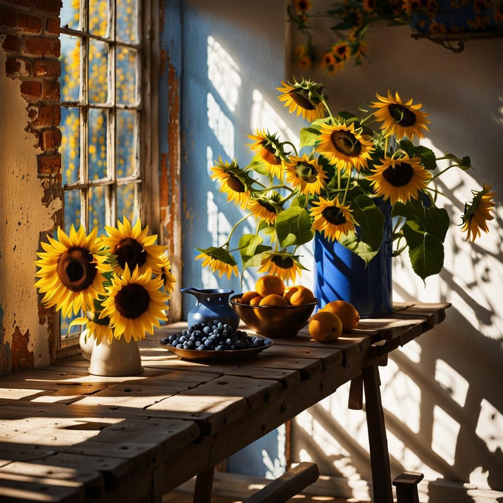 Sunflowers and Delft Blue Flowers by Window