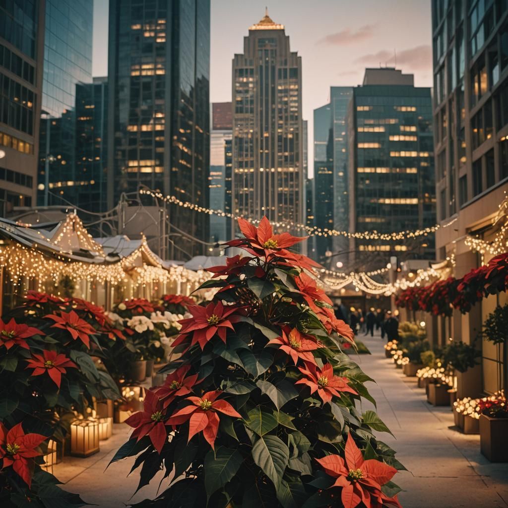 Festive Poinsettia Cityscape in Cinematic Style