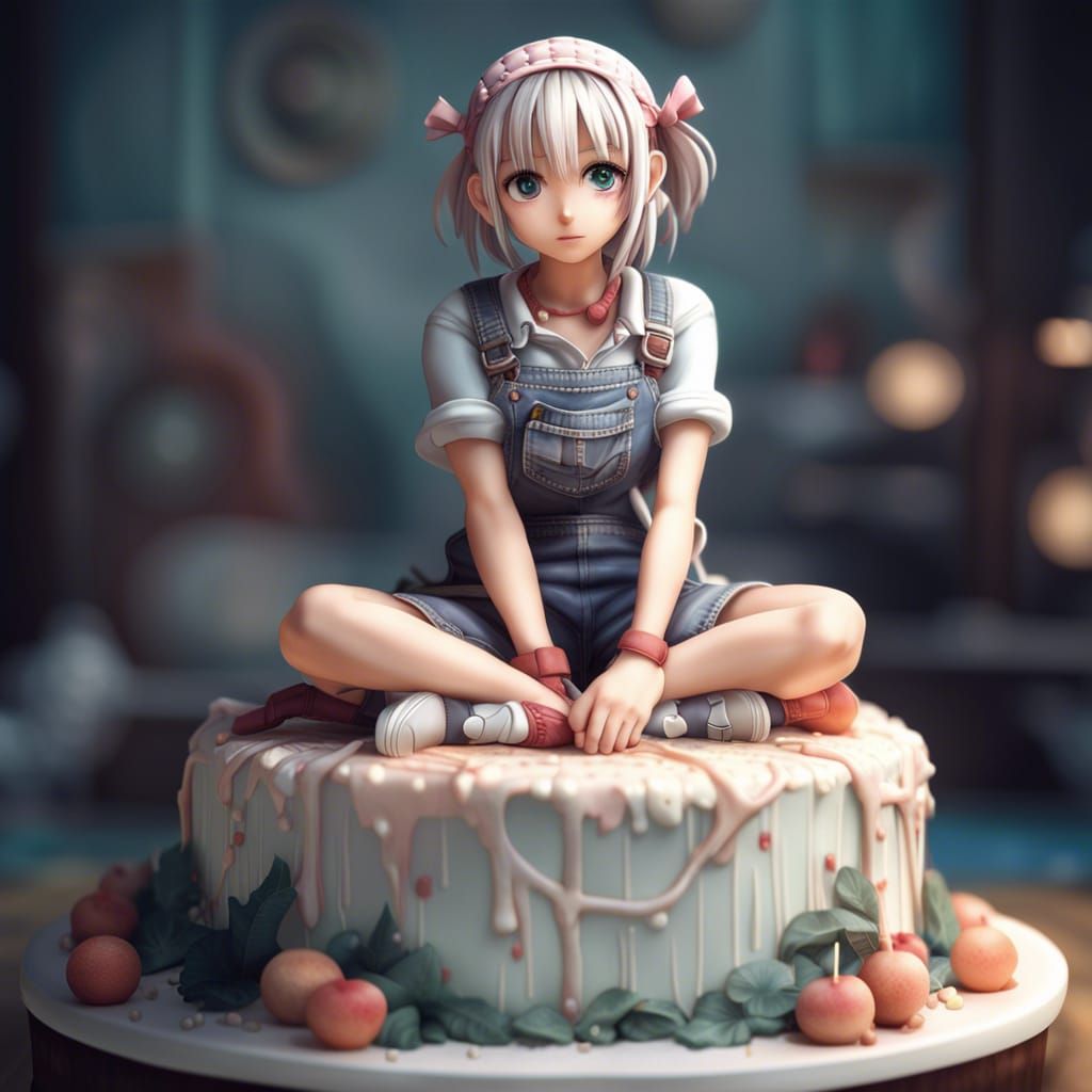 Anime Girl on Cake: Hyperrealistic Digital Art