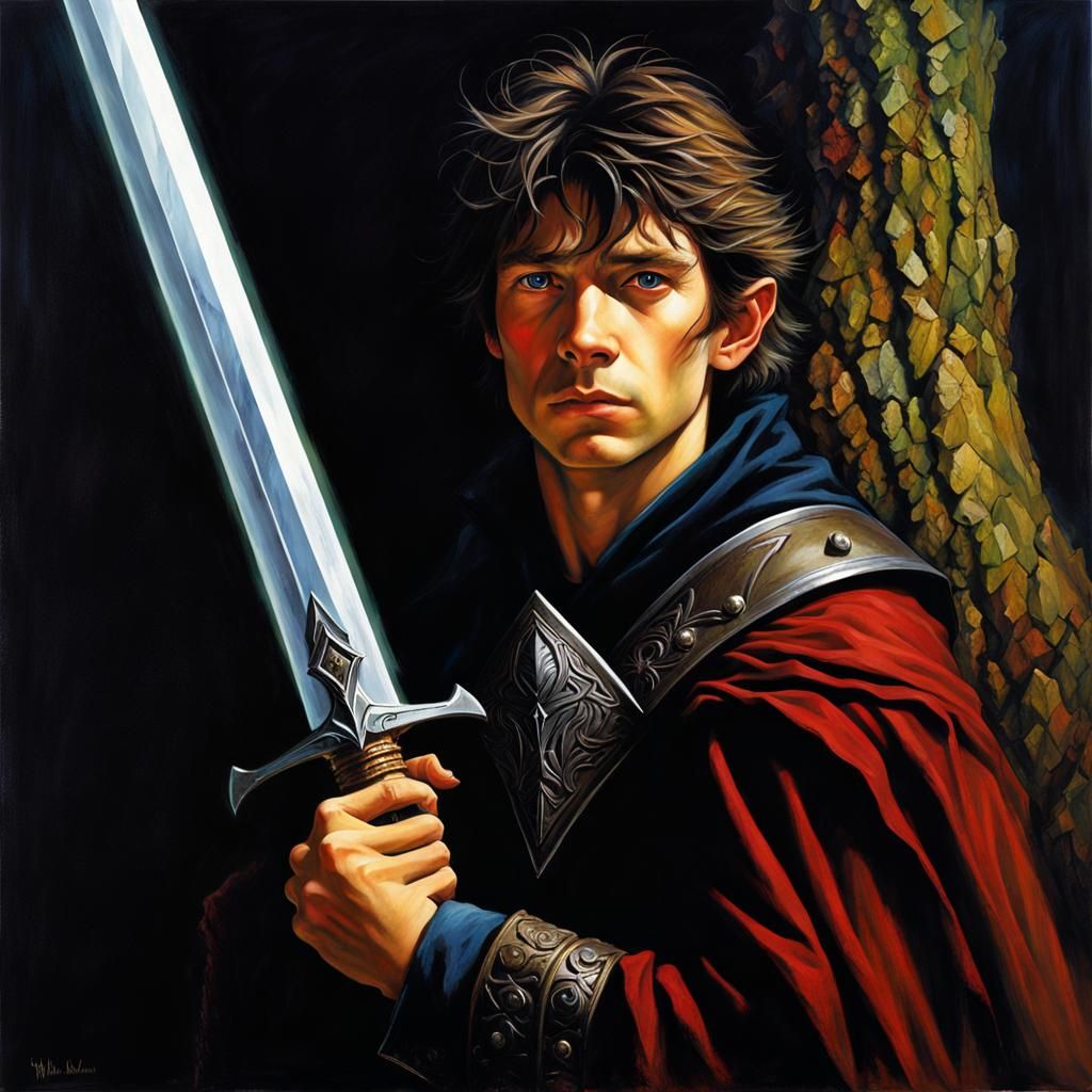 Young Warrior Portrait Before Dark Mountain, Impasto Style