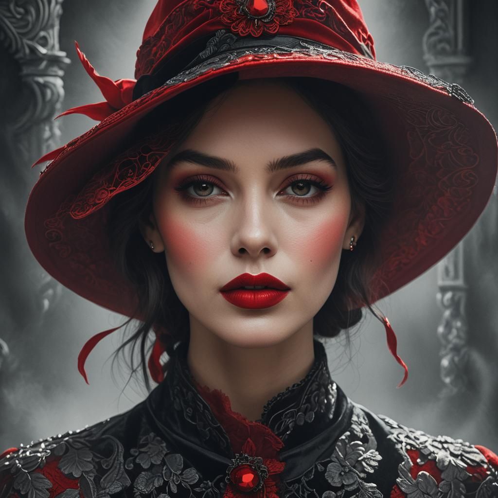 Dramatic Portrait of Woman with Red Hat