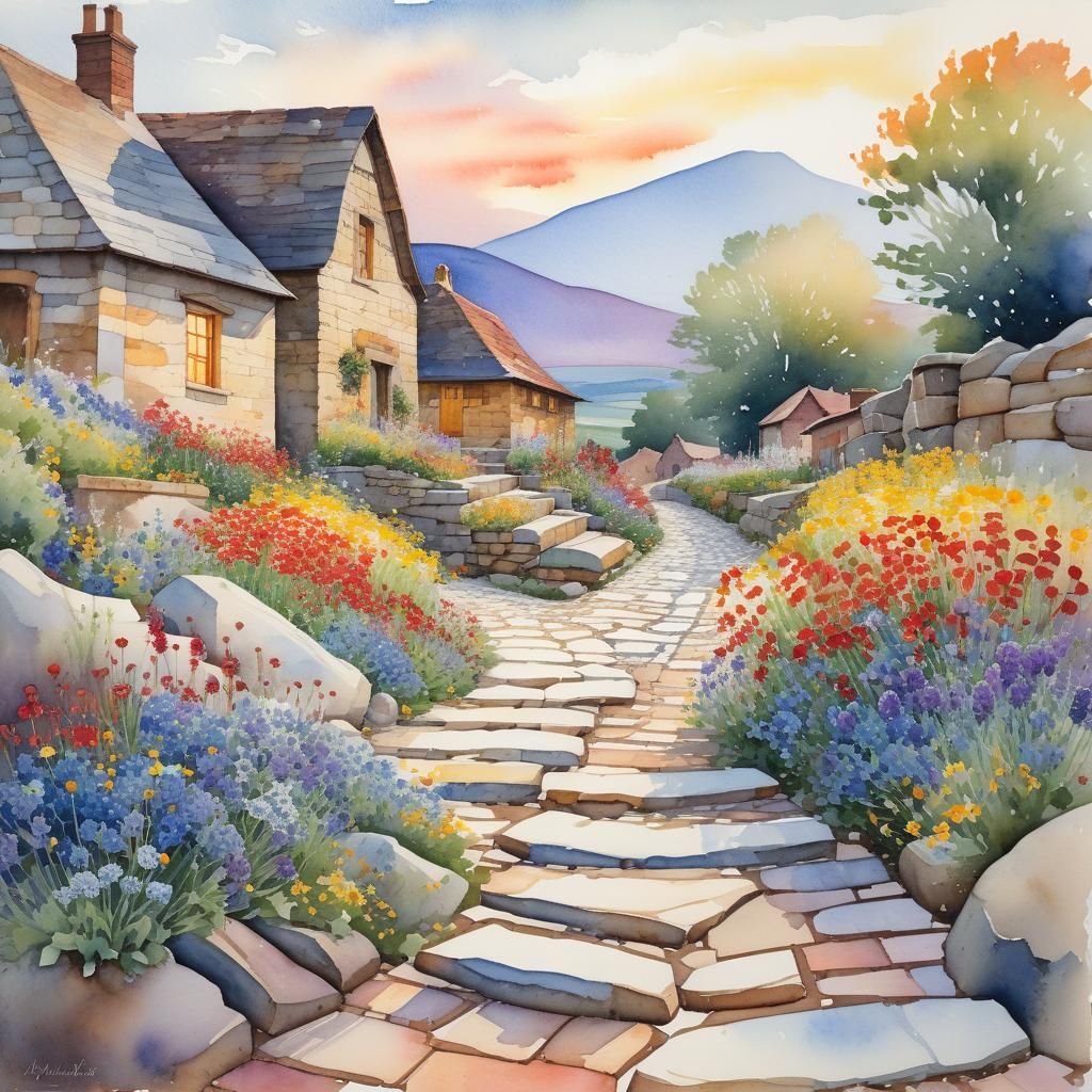 Watercolor Village Scene at Sunset