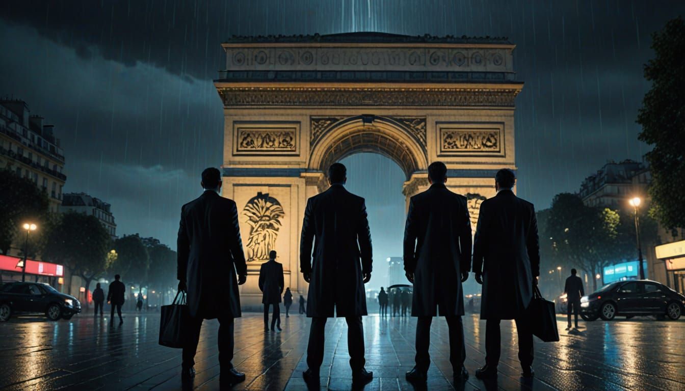 Men in Black Under Arc de Triomphe with UFO