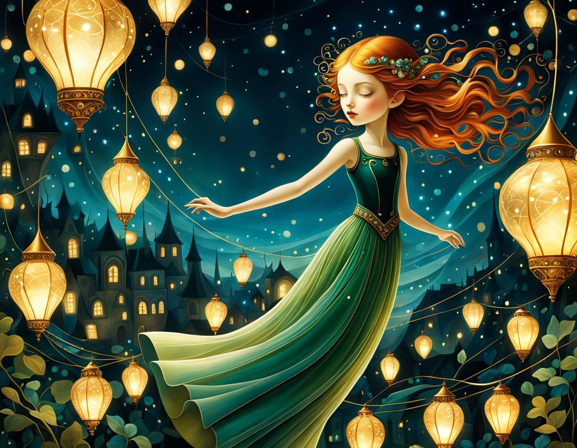 Whimsical Fairy Lights Defying Gravity, Klimt Inspired