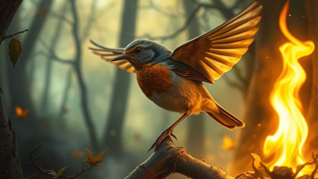 Robin Fanning Flames in Mystical Forest, Fantasy Art