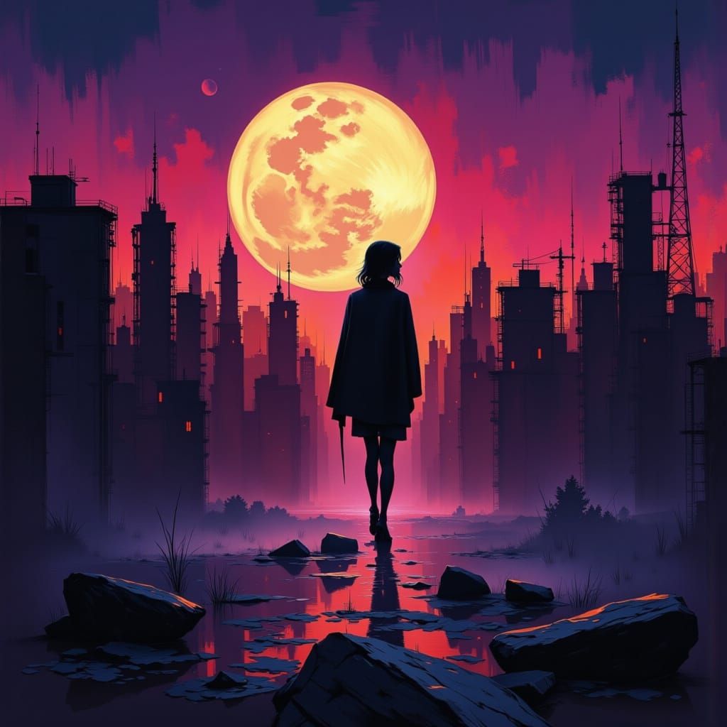 Dramatic Silhouettes in Moonlit Cyberpunk Cityscape