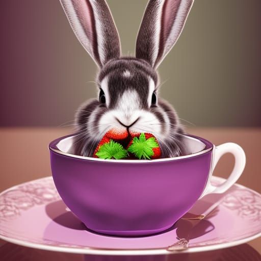 Purple Bunny's Strawberry Tea Party: Detailed Digital Art