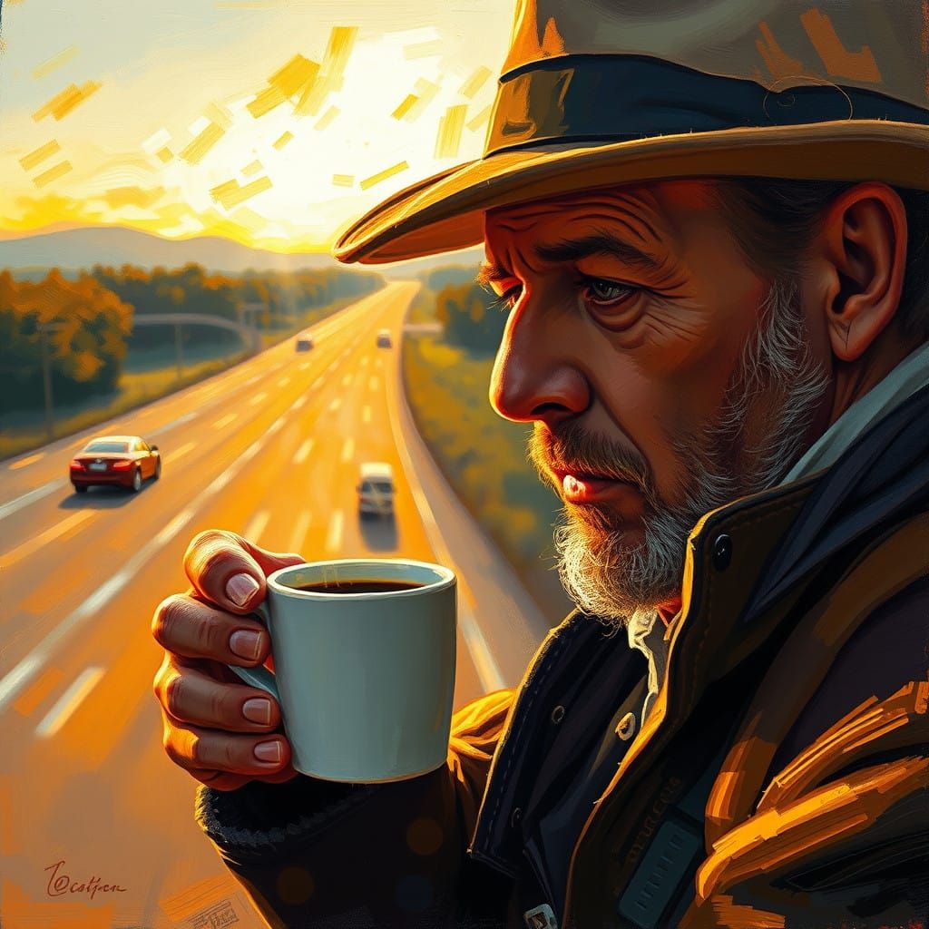 Weary Traveler Relies on Morning Coffee in a Golden Light