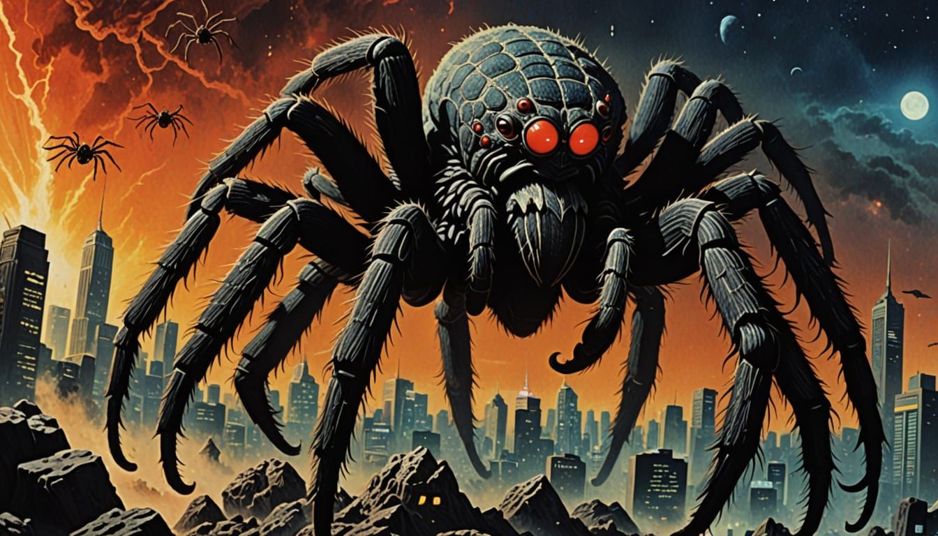 Glowing Tarantula Kaiju Emerges from Retrofuturistic Ruins