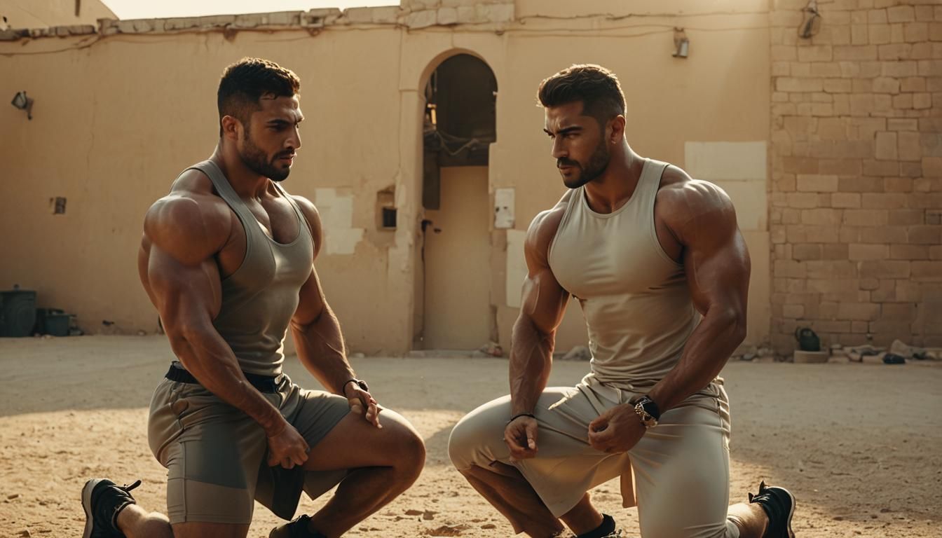 Cinematic Bodybuilder Flexing in Golden Hour Sunlight