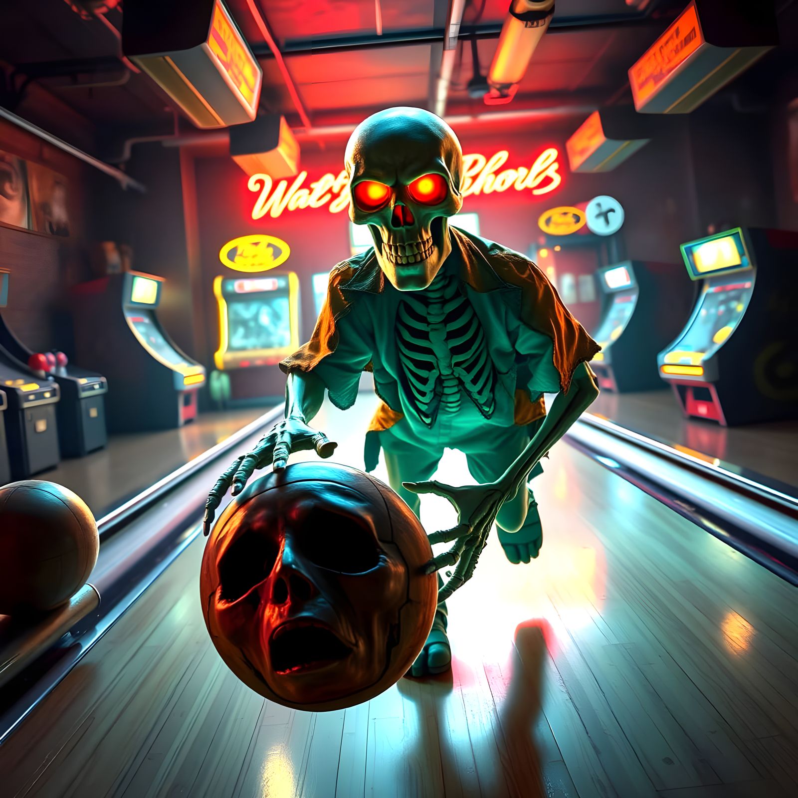Skeleton Bowler Rolls Human Head Down Bowling Alley