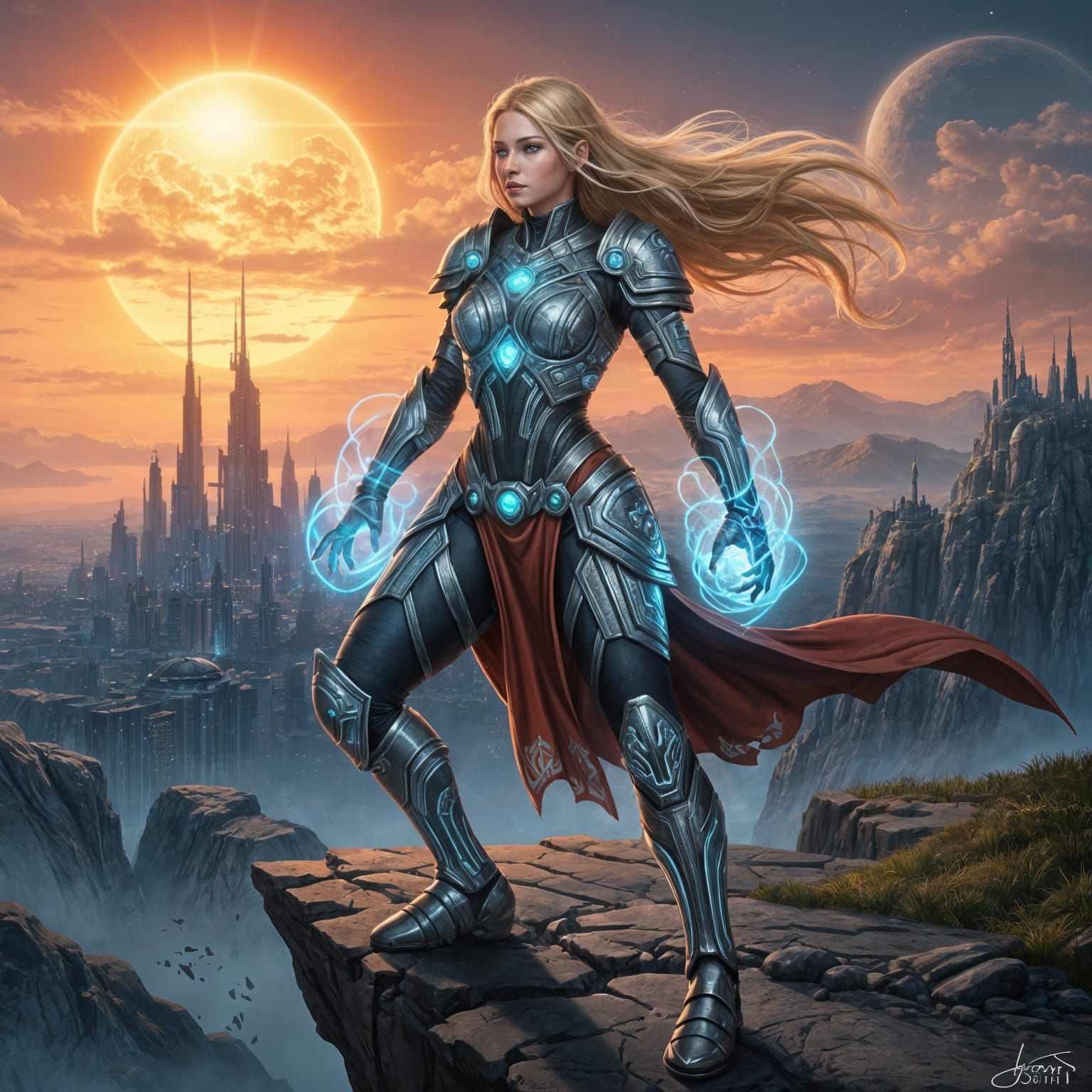 Elven Protector Overlooking Cyberpunk Cityscape