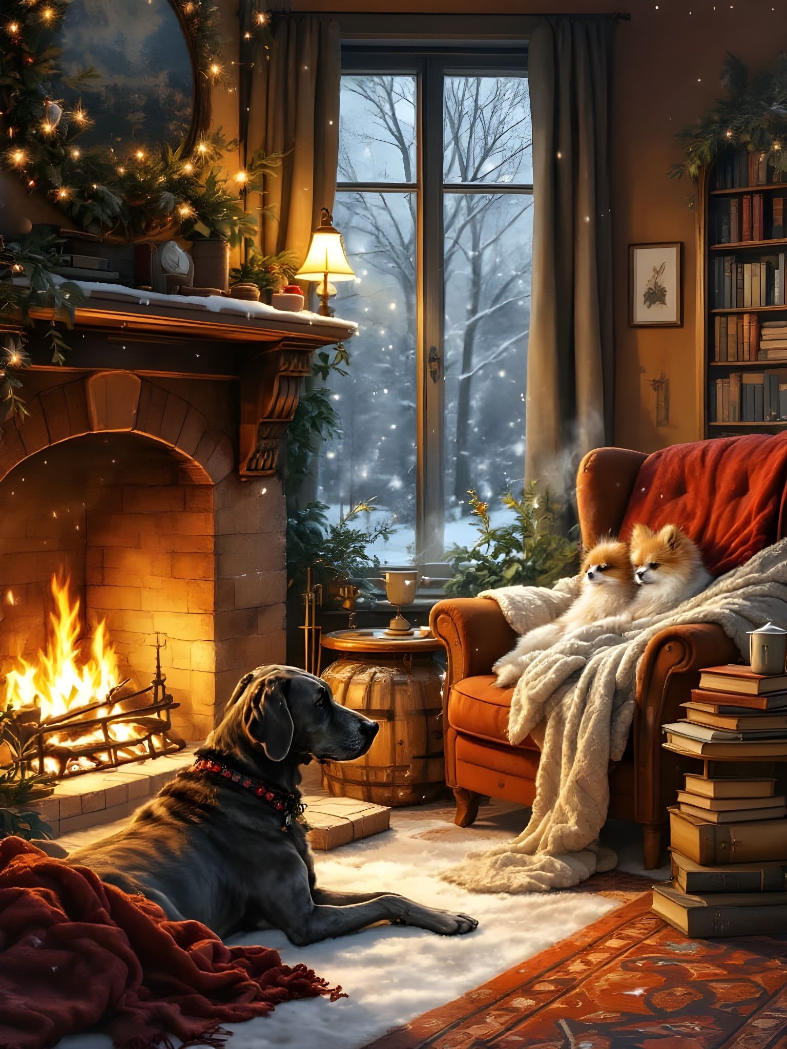 Cozy Winter Evening with Dogs, Watercolor Style