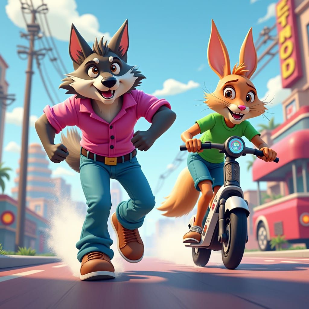 Modern Wolf and Hare Chase in a Futuristic High-Tech Environ...