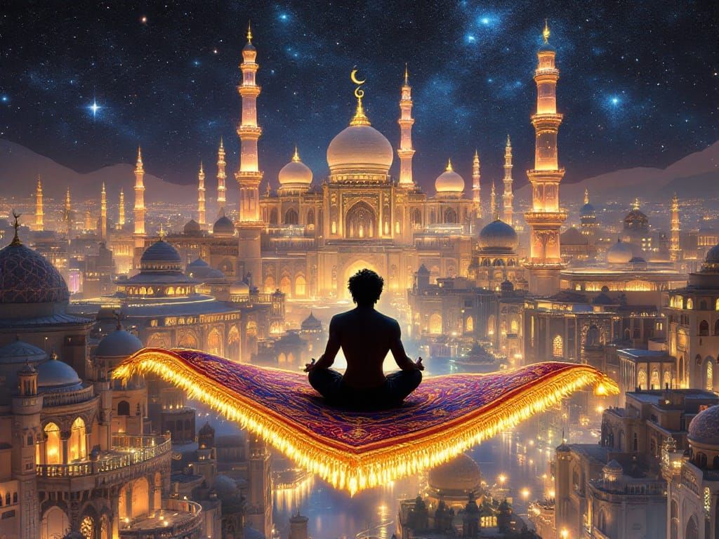 Majestic Flying Carpet Over a Cyberpunk Agrabah