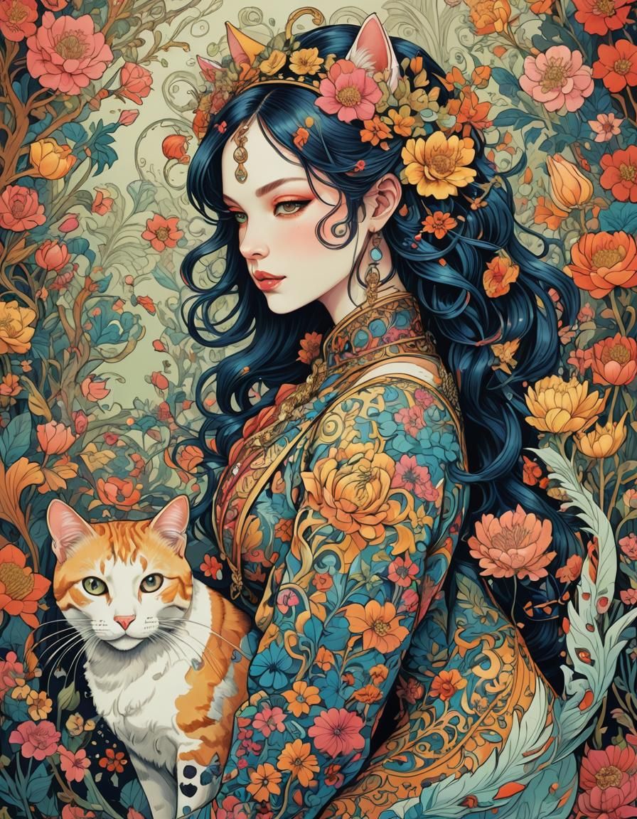 Vibrant Ink Drawing of Cat-Woman in Princesscore Style