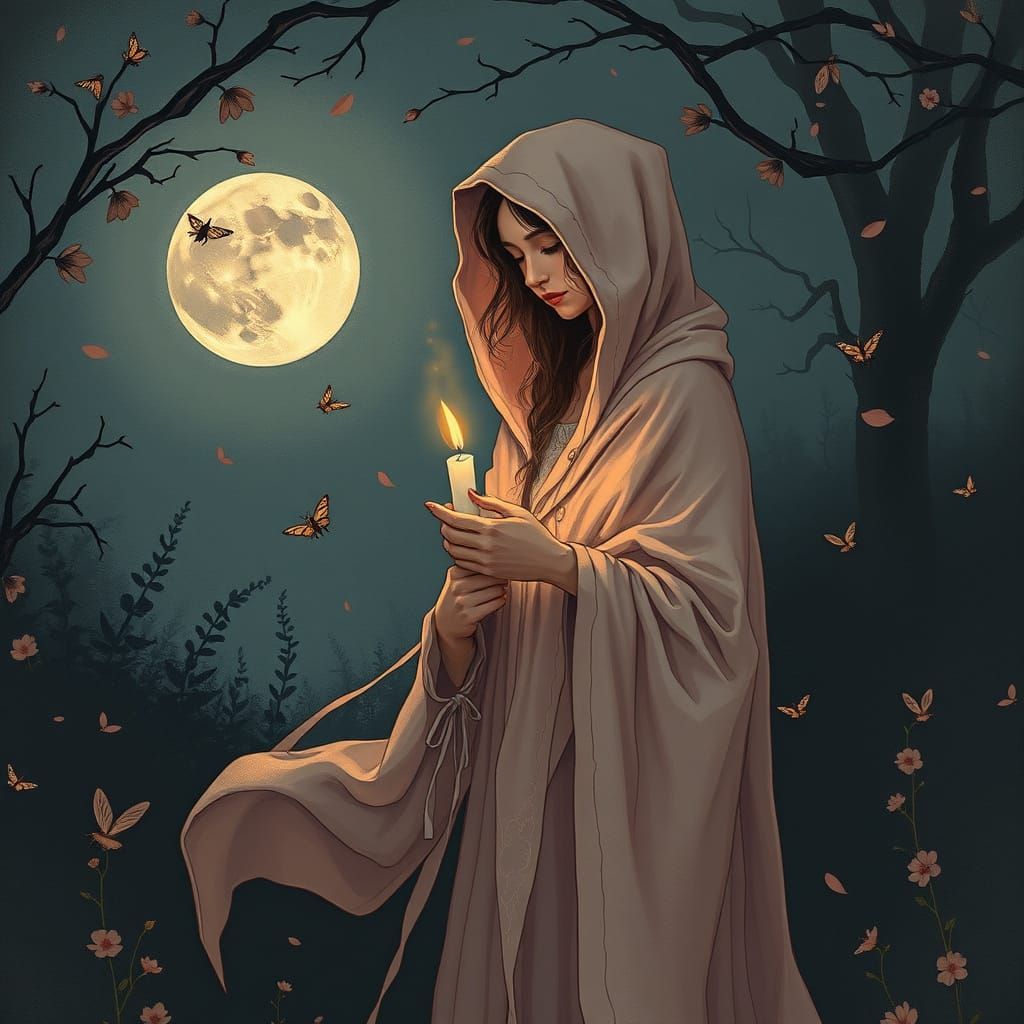 Whimsical Woman in Moonlit Garden, Serene and Enchanted