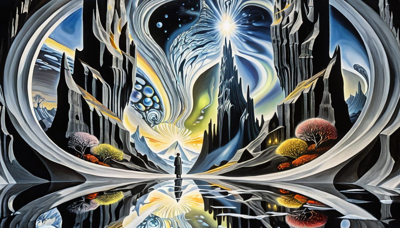 Surreal Mirror Between Basalt Spires Under Aurora Sky