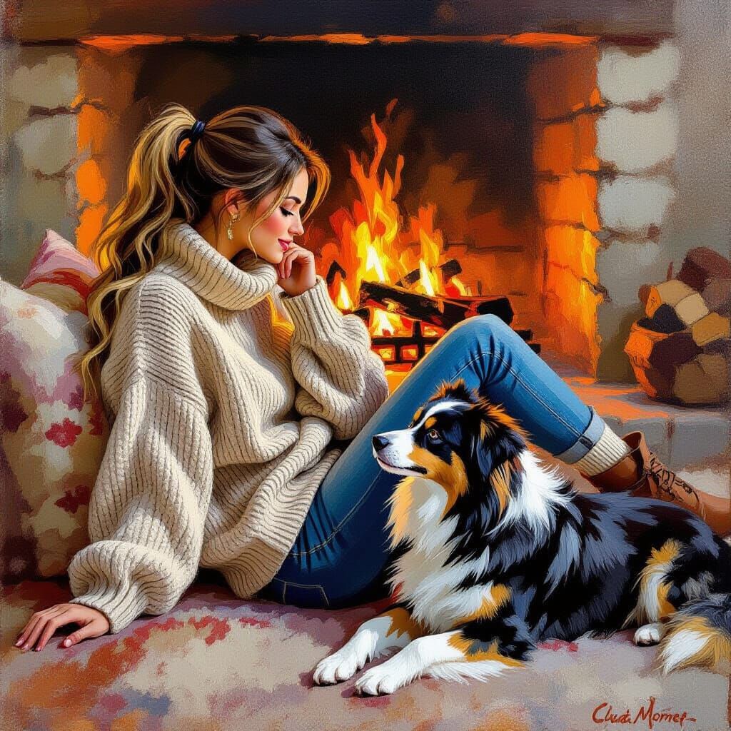 Cozy Evening by the Fireplace with Dog