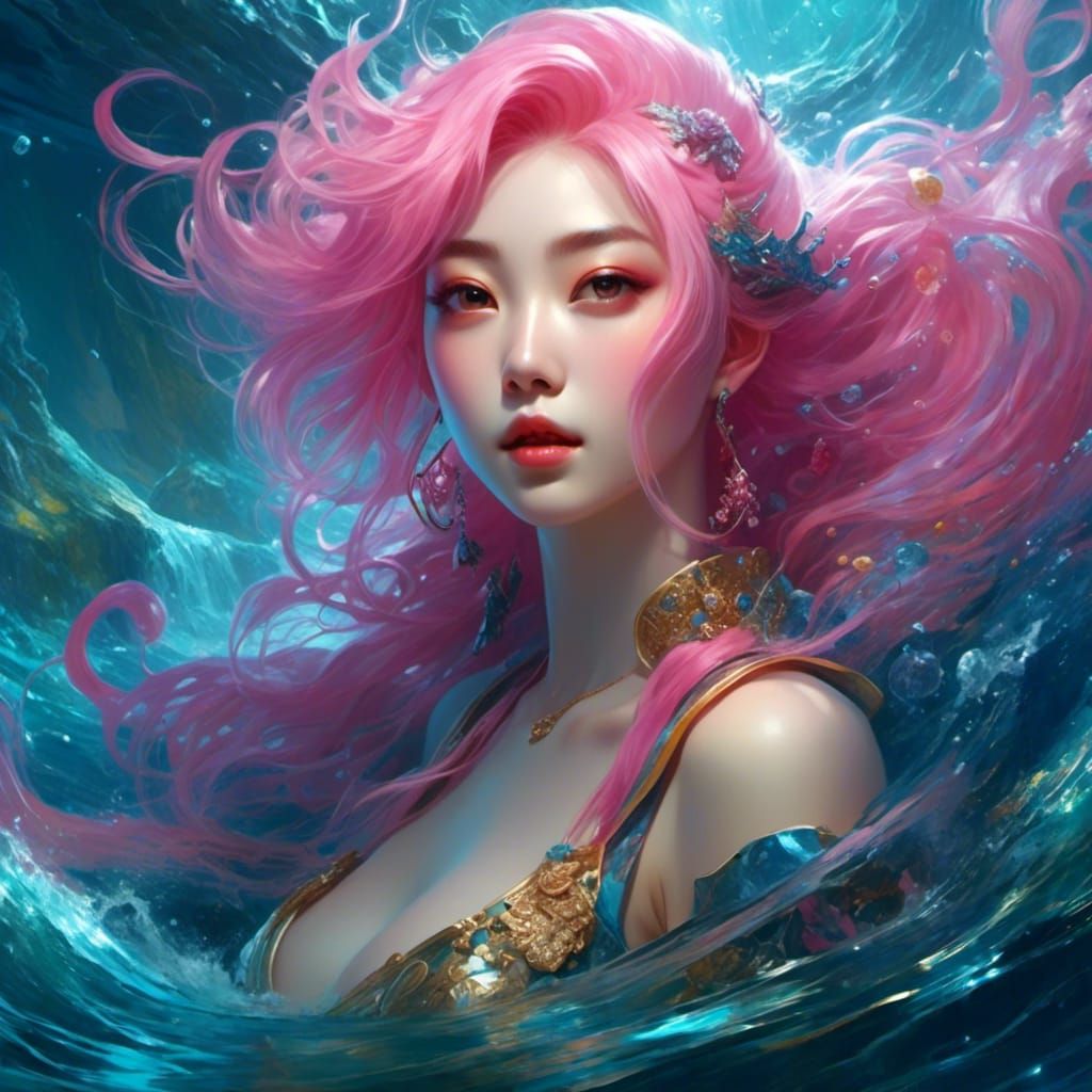 Pink Haired Girl in Water: Fantasy Art Portrait