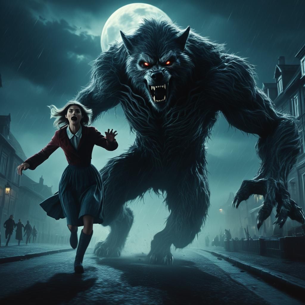 Frightful Werewolf Chasing Woman: Digital Matte Painting
