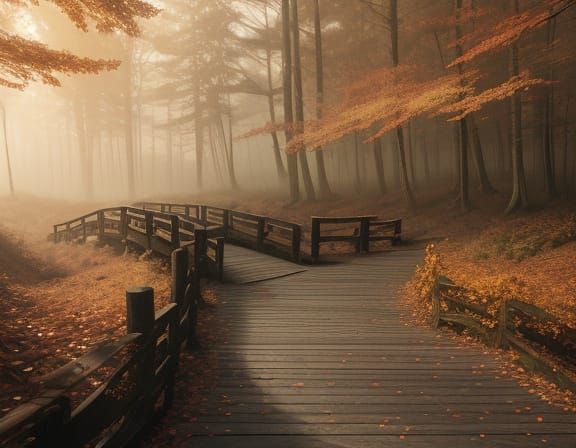 A serene wooden bridge