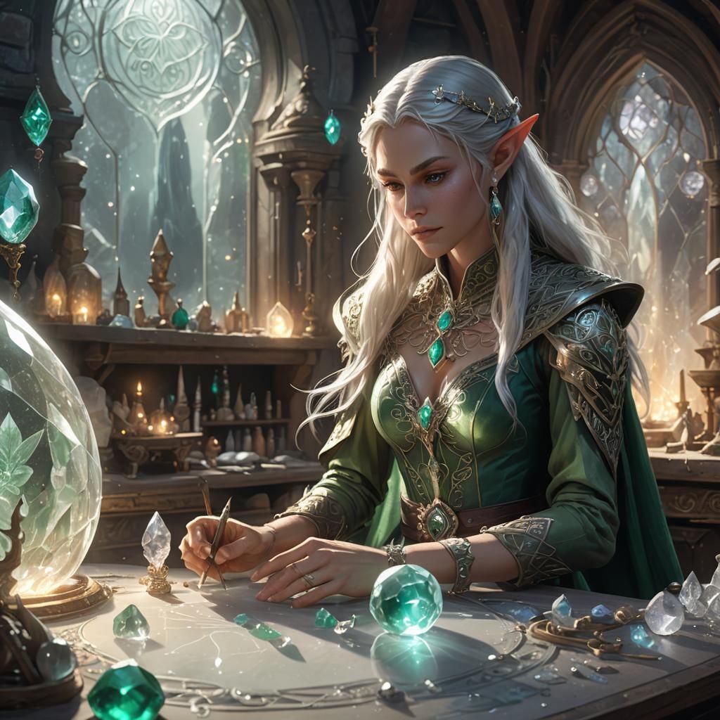Elf Artificer Crafting Gemstone Under Emerald Moons