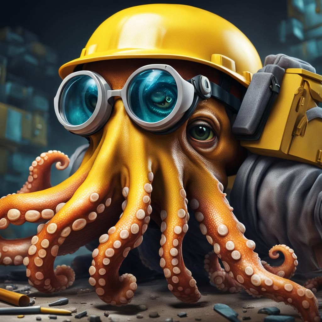 Octopus Bricklayer in Hyperrealistic Splash Art Style